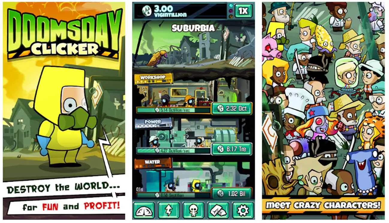 Capturas de tela do jogo DoomsDay Clicker na Google Play Store.