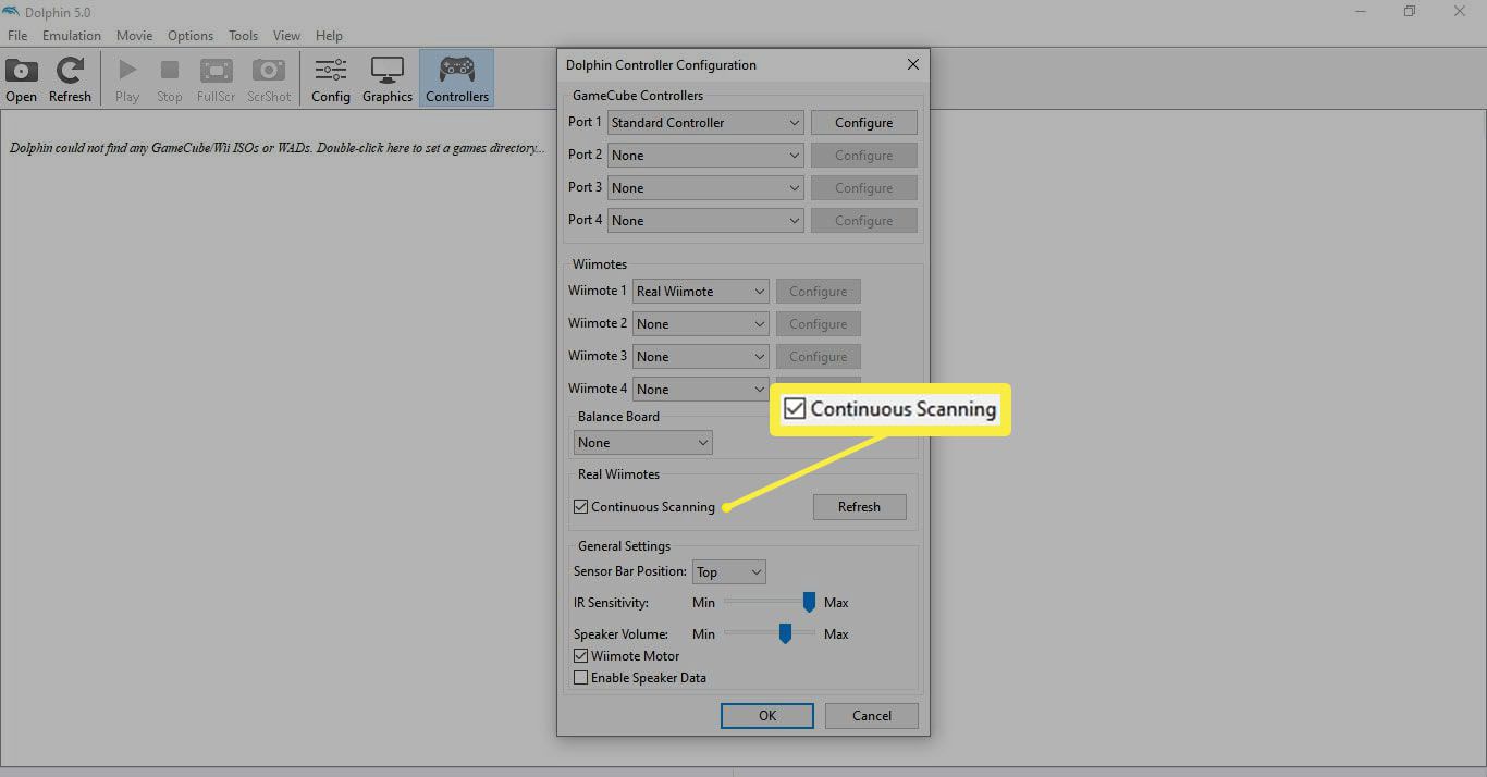 A caixa de seleção Continuous Settings nas configurações do controlador do emulador Dolphin.