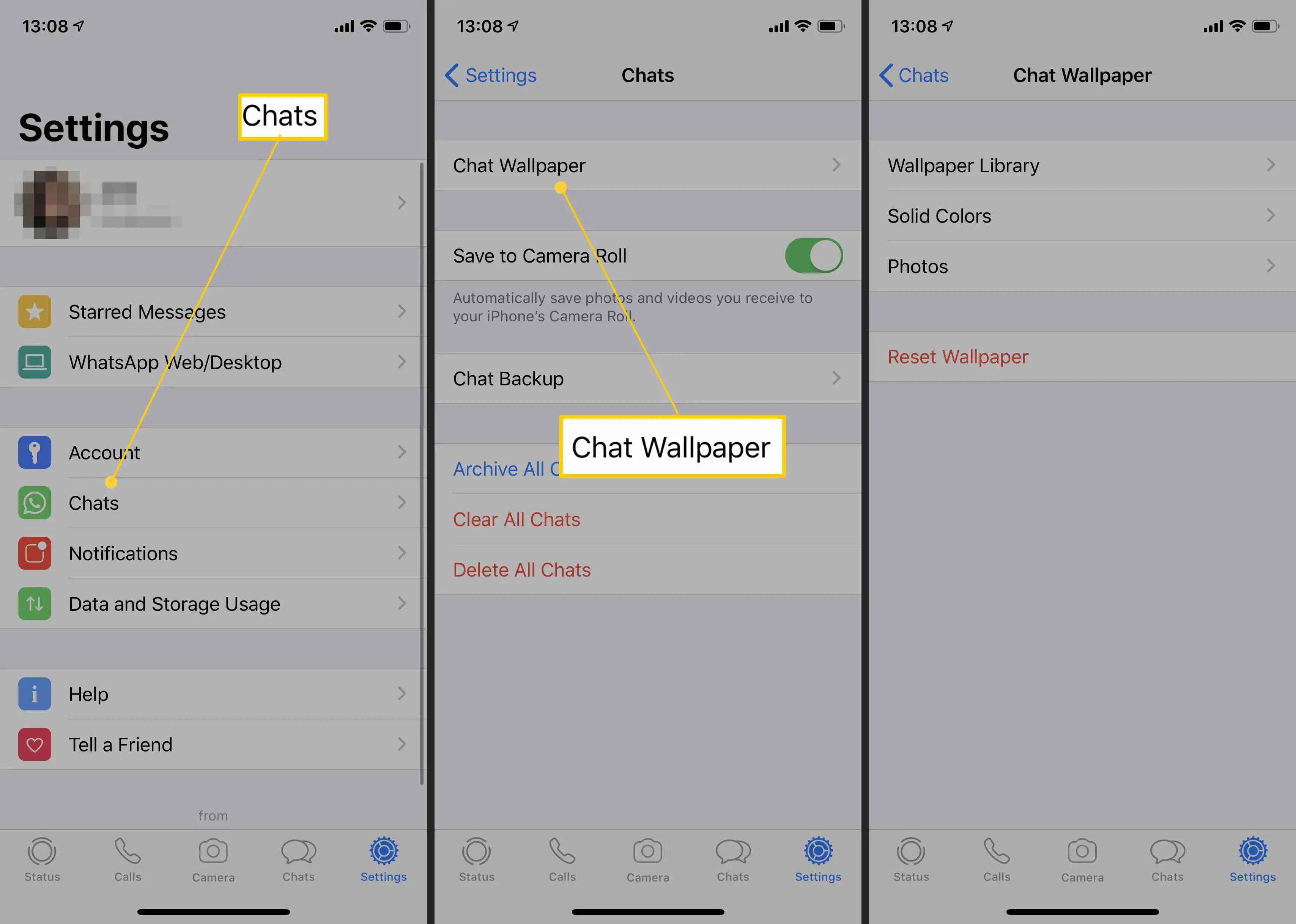 Etapas para alterar o papel de parede do bate-papo no WhatsApp