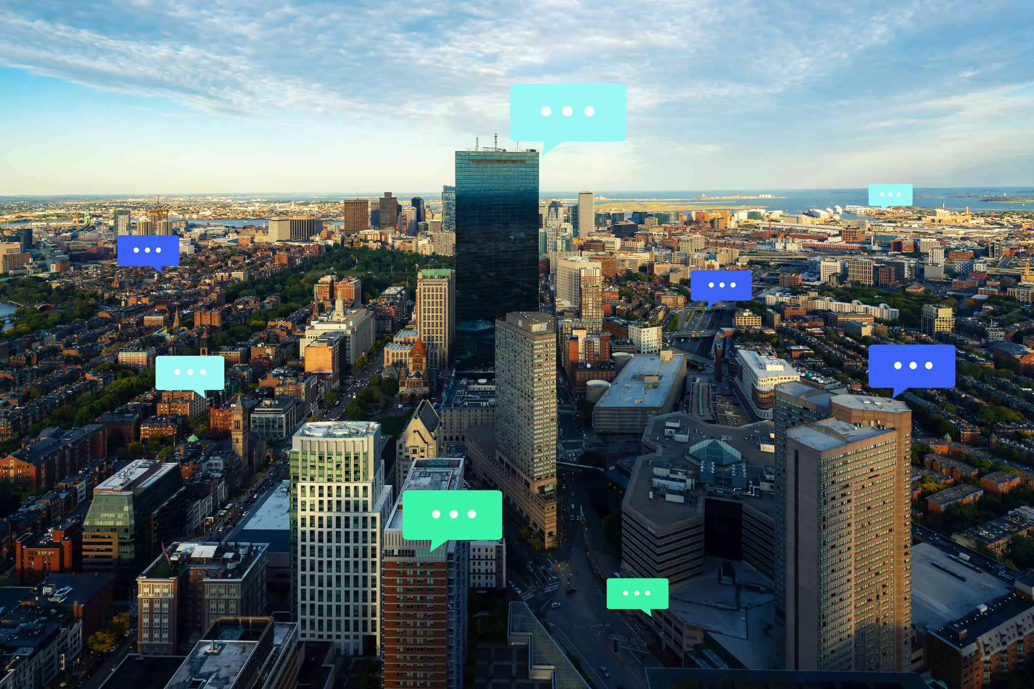 A paisagem da cidade com bolhas de texto surgindo de vários locais