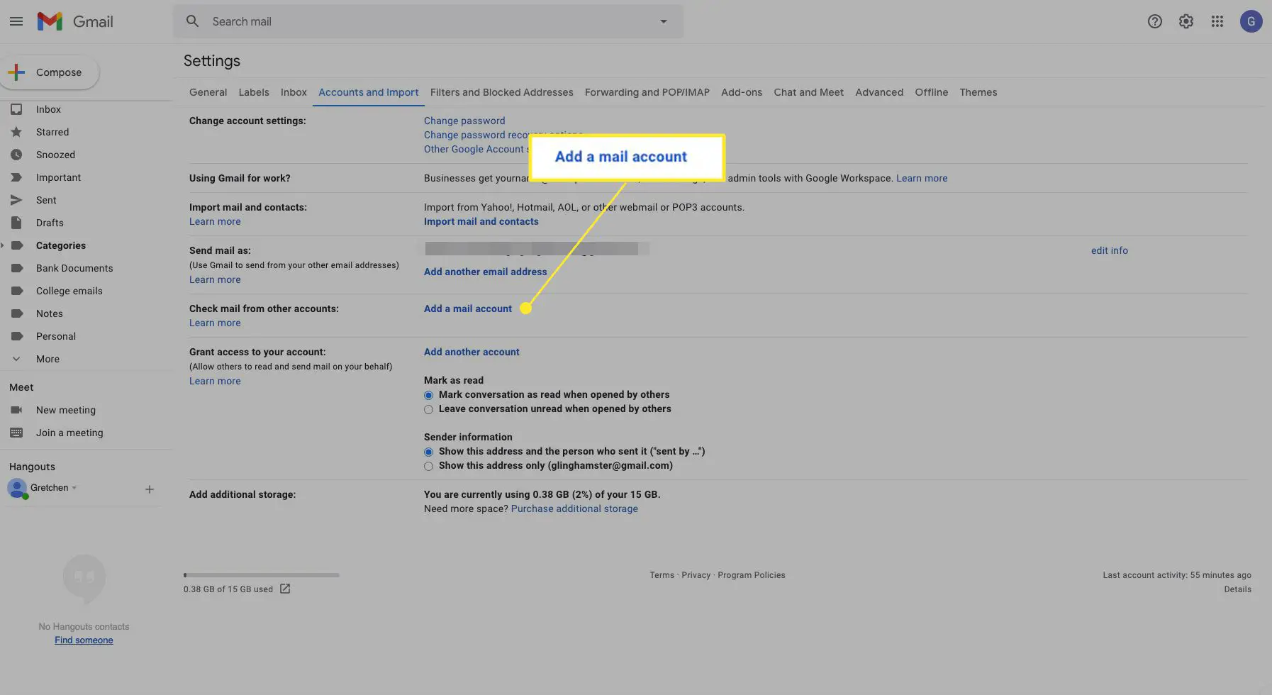 Configurações da conta do Gmail com "Adicionar uma conta de e-mail" destacado