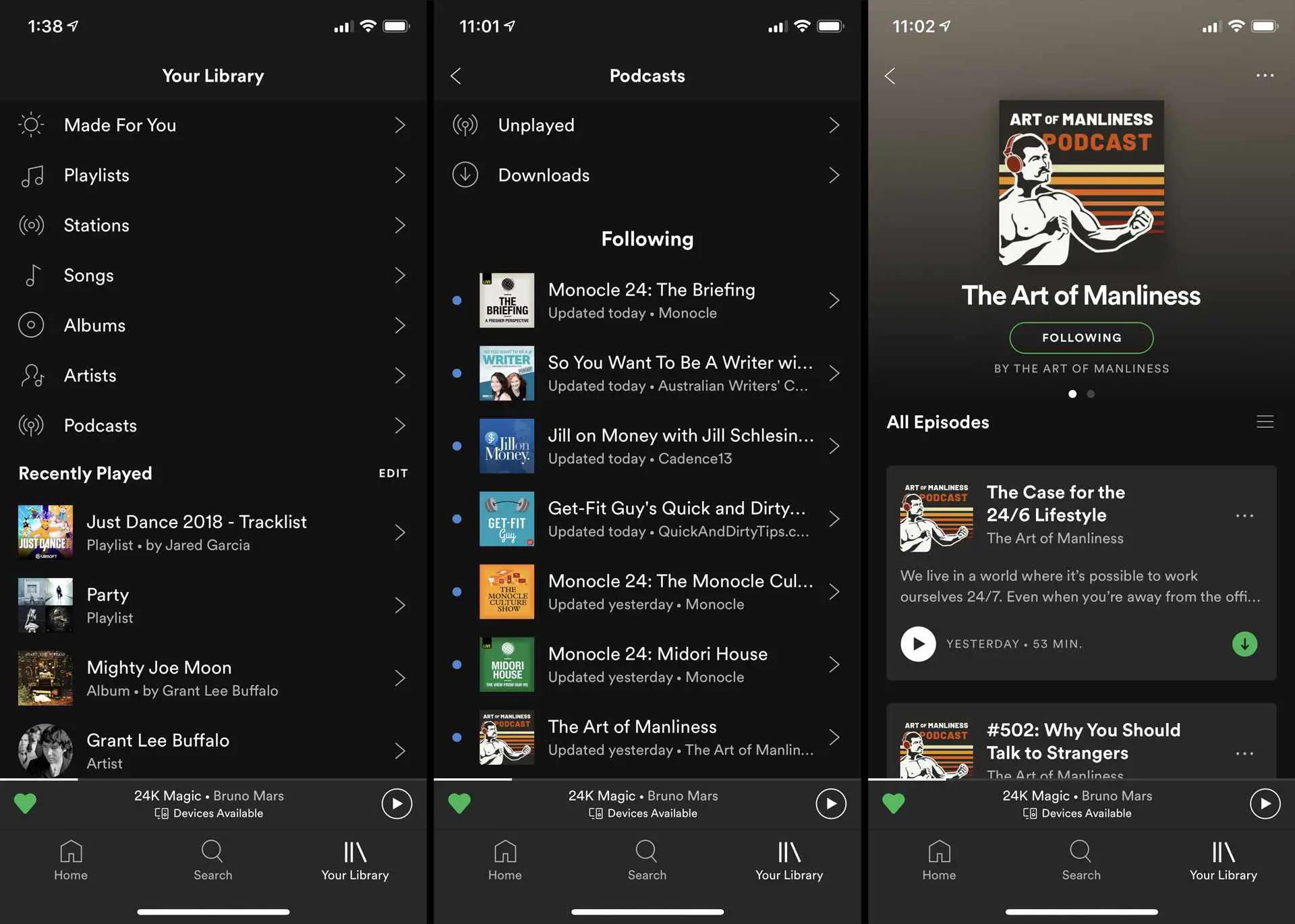 Baixando episódios de podcast no aplicativo iOS Spotify no iPhone.