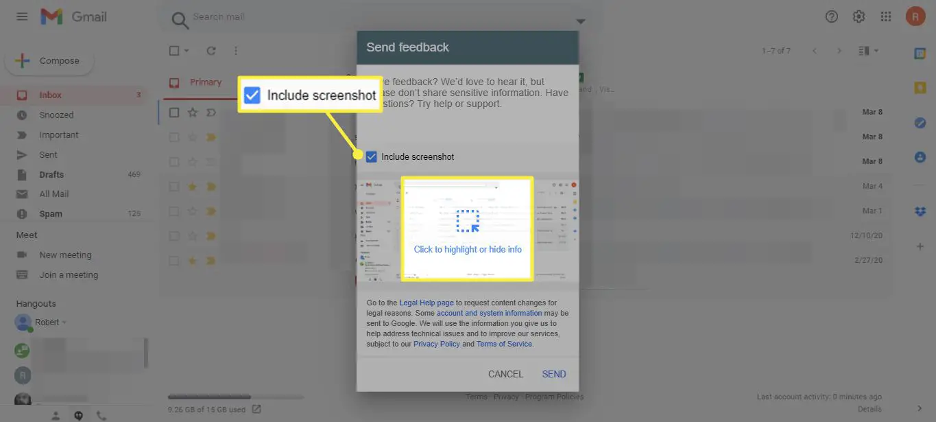 Incluir captura de tela e clicar para destacar ou ocultar informações na janela de feedback do Gmail