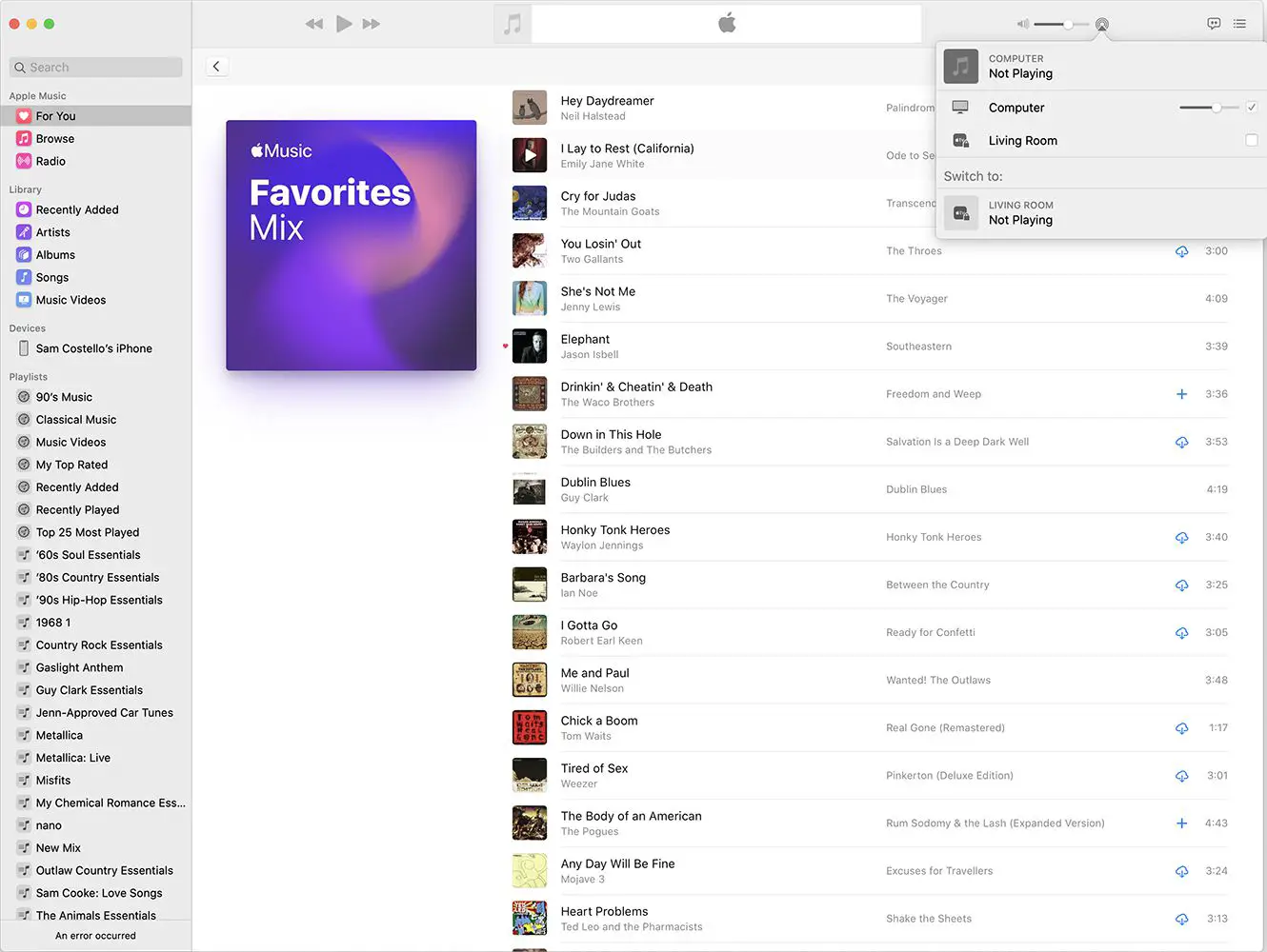 O aplicativo Apple Music com o menu AirPlay aberto