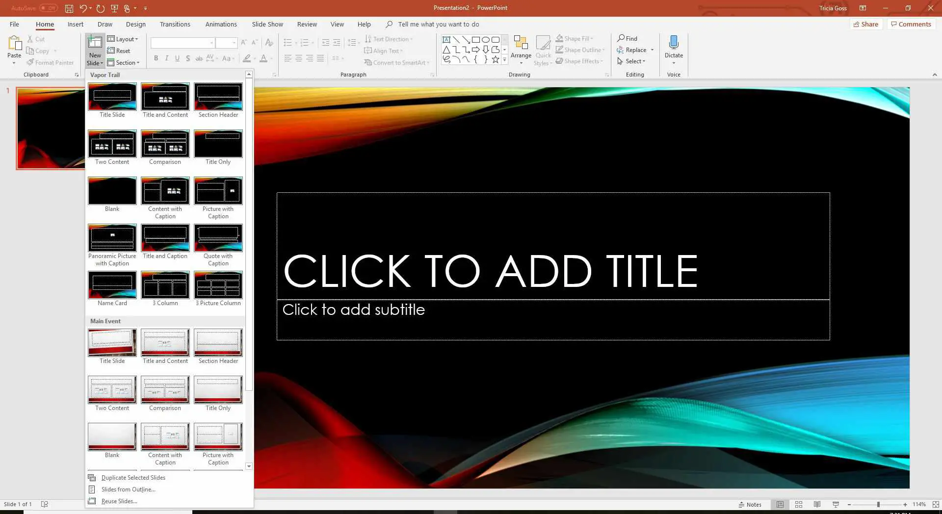 Captura de tela de vários temas disponíveis no menu Novo slide