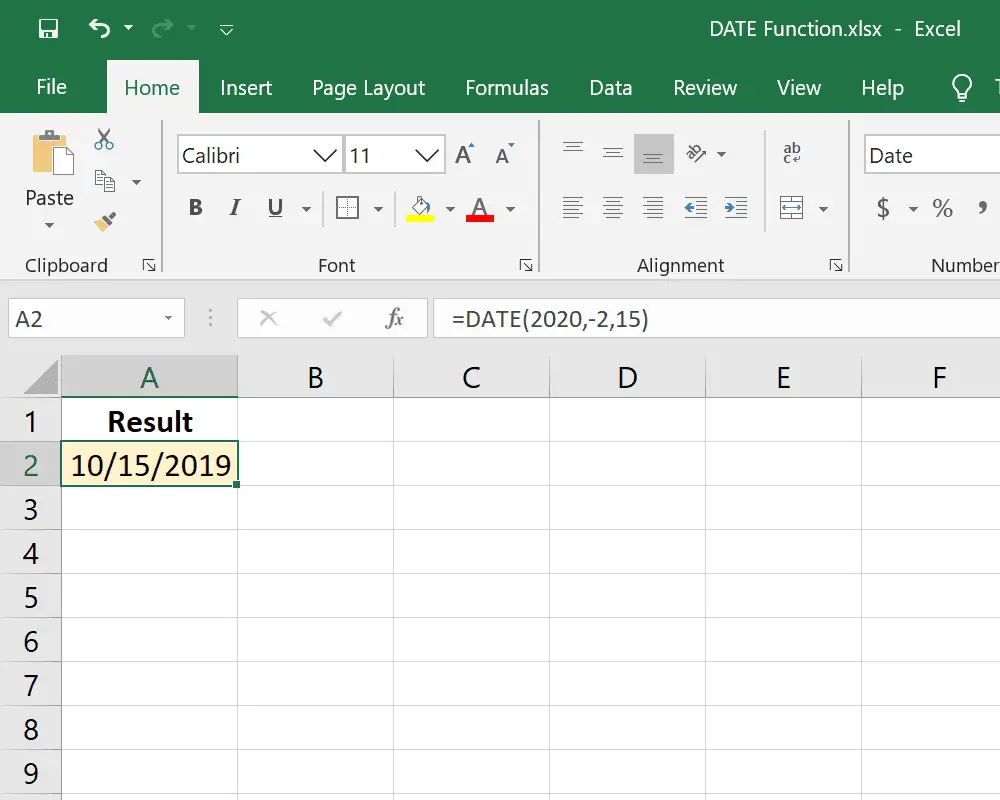 Função DATE Excel com mês negativo