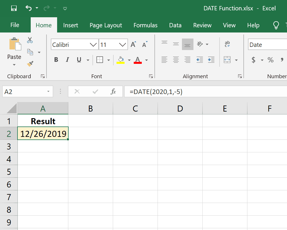 Exemplo de função DATE do Excel com dia negativo