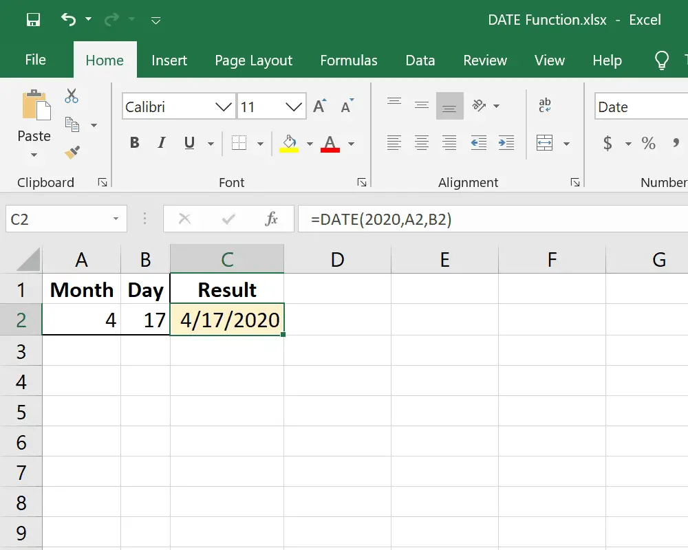 Exemplo de função DATE no Excel