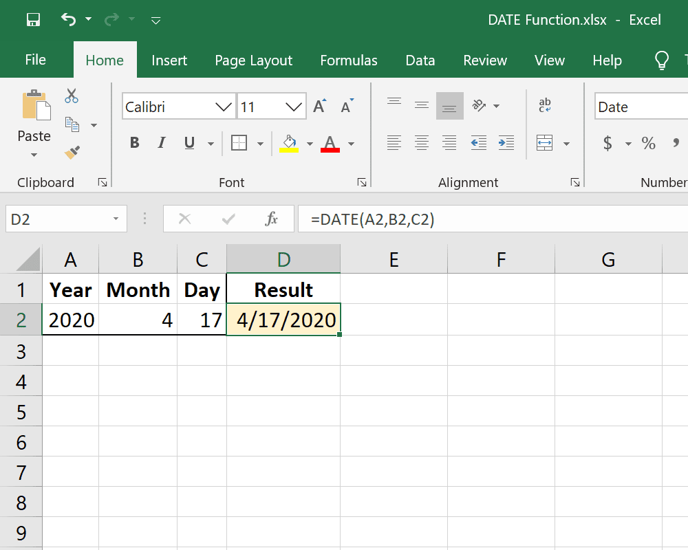 Exemplo de função DATE do Excel