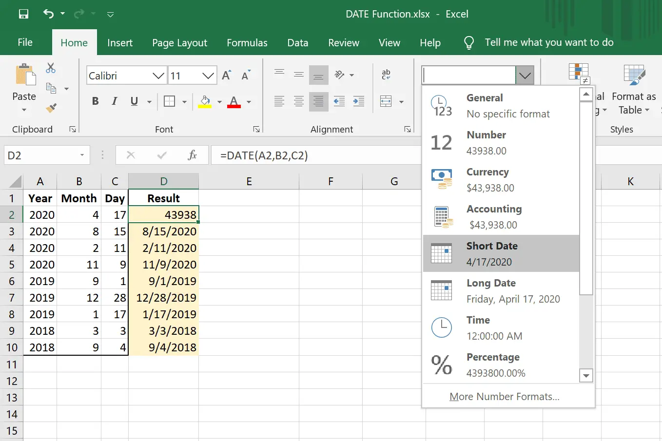 Opção de formato de data curta do Excel