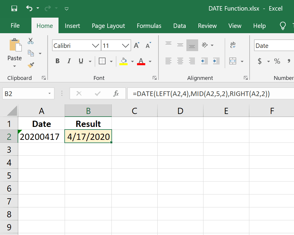 Função DATE do Excel reformatando uma célula