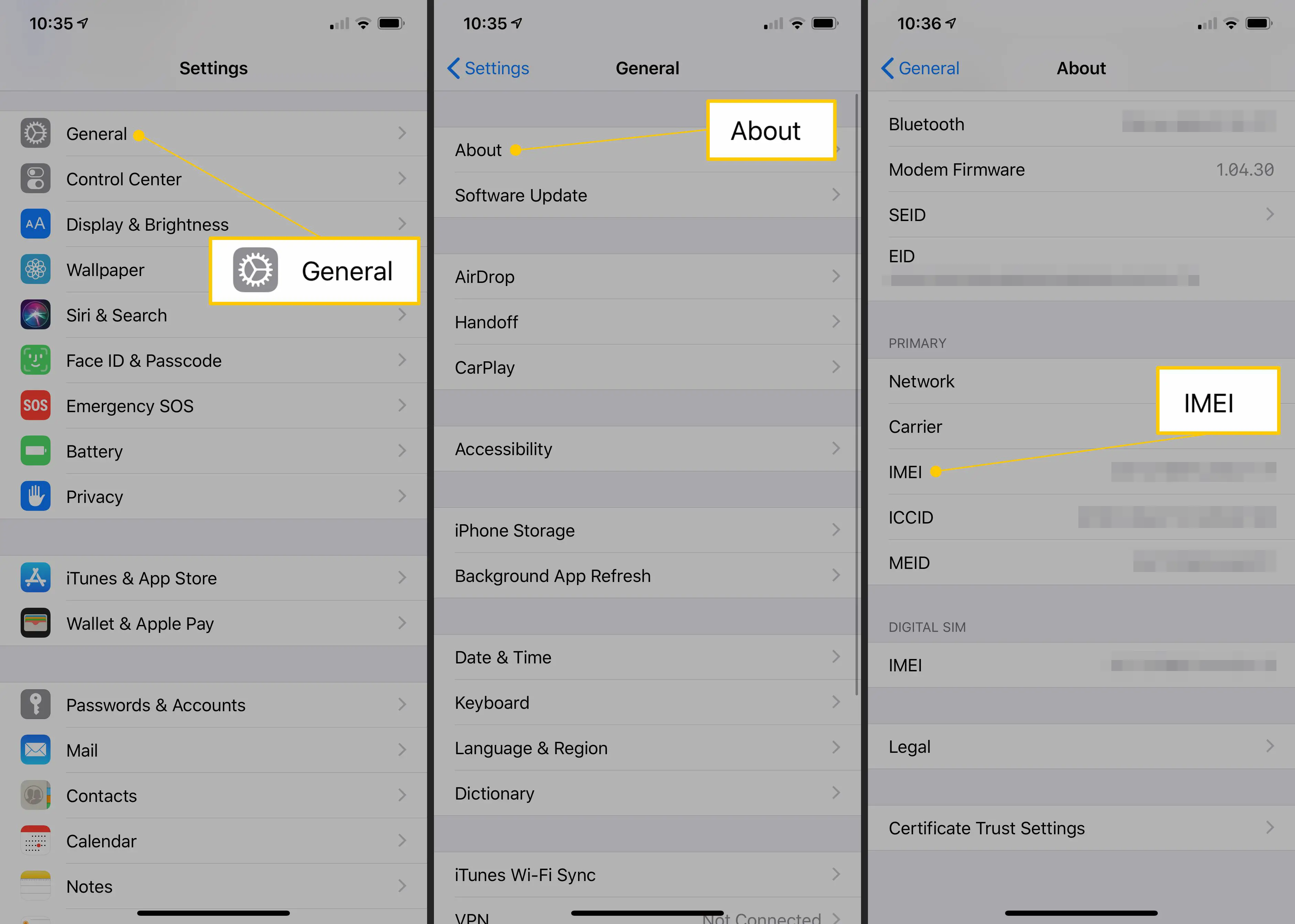 Seções gerais, sobre, IMEI do aplicativo de configurações do iOS