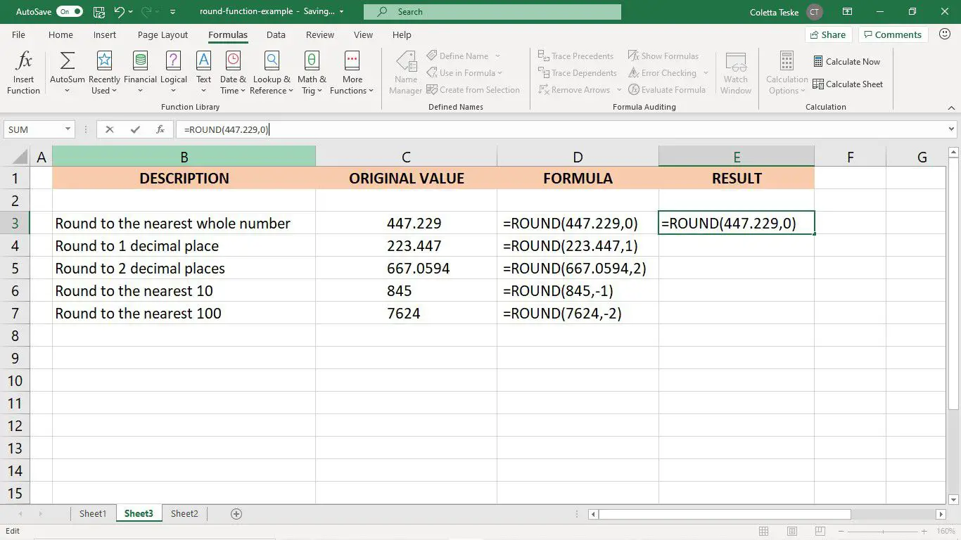 O resultado da função ROUND em uma planilha do Excel
