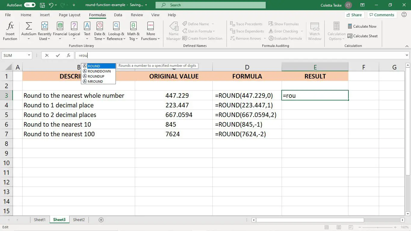 Insira a função ROUND na barra de fórmulas do Excel.