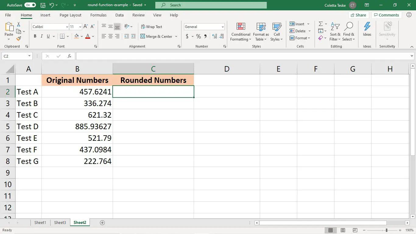 Dados de exemplo para a função ROUND do Excel