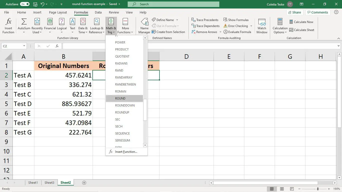 A guia Fórmulas no Excel com a função ROUND selecionada