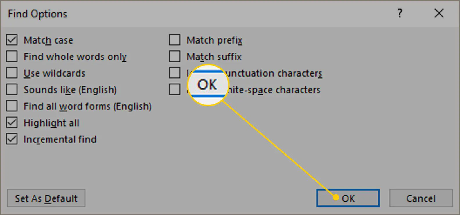 Encontre opções no Word com o botão OK destacado
