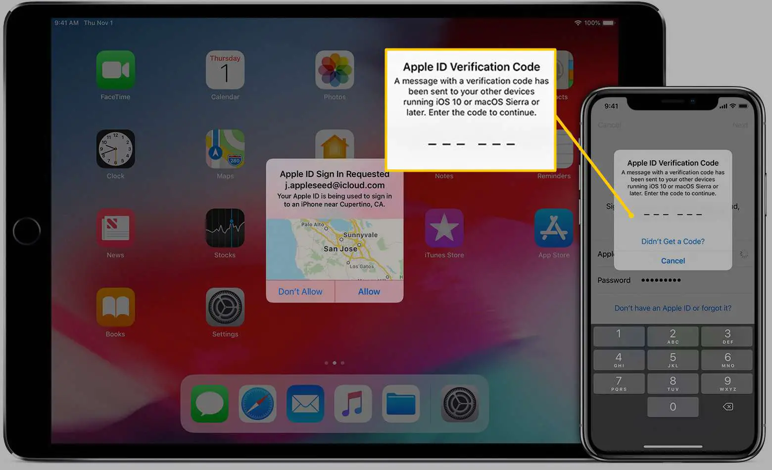 Código de verificação da Apple ID no iPhone, ao lado do iPad