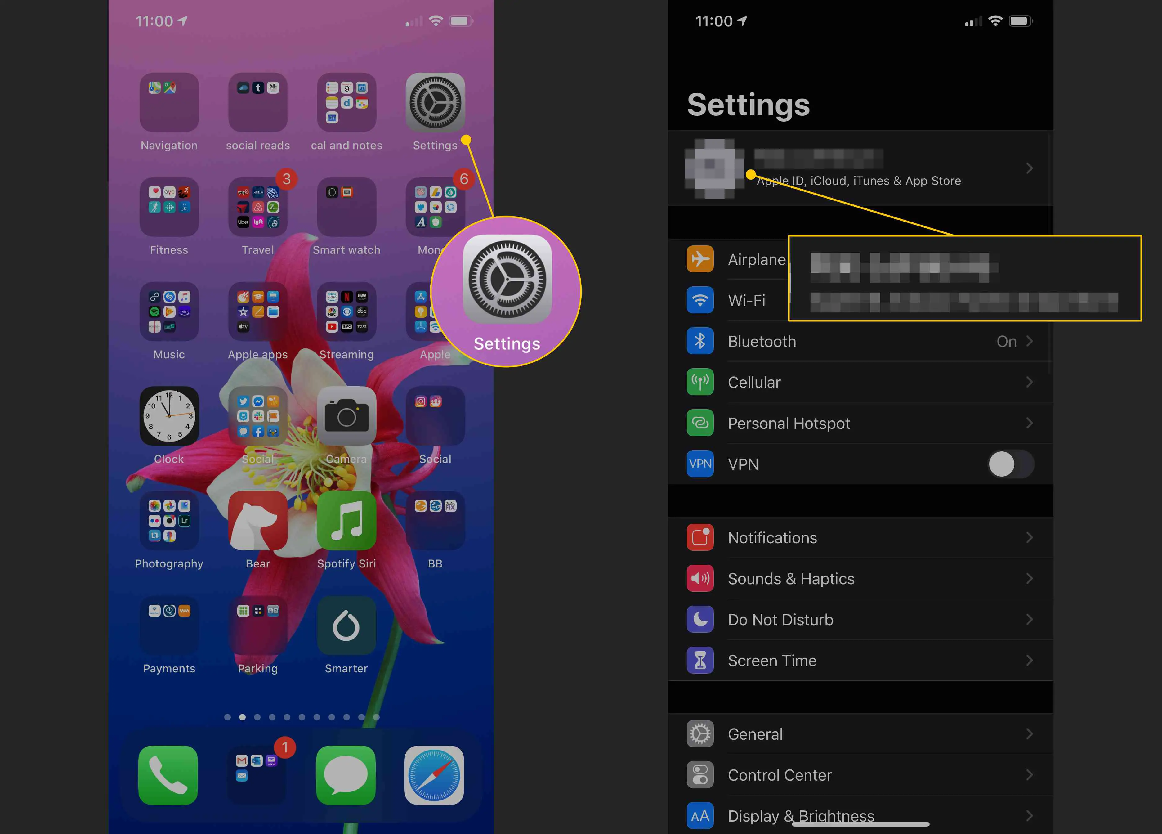 Configurações, botão Nome no iOS