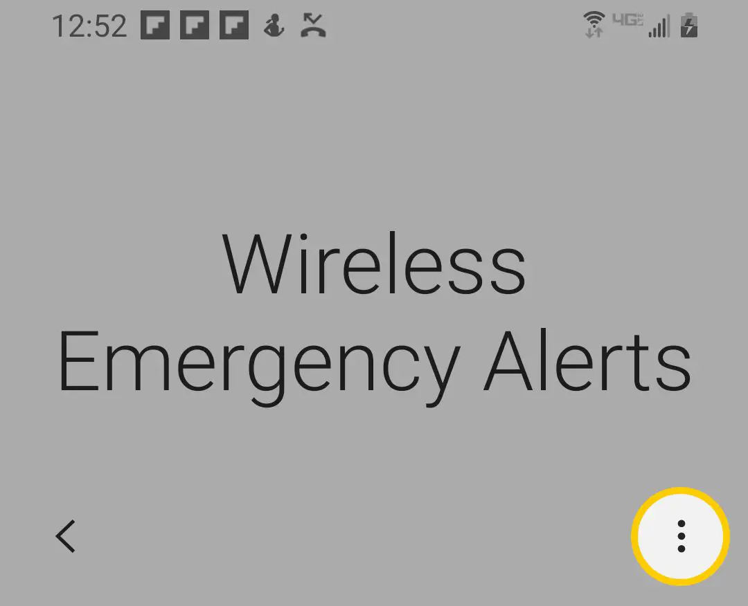 O ícone do menu para alertas de emergência sem fio no Samsung S9 e S10.