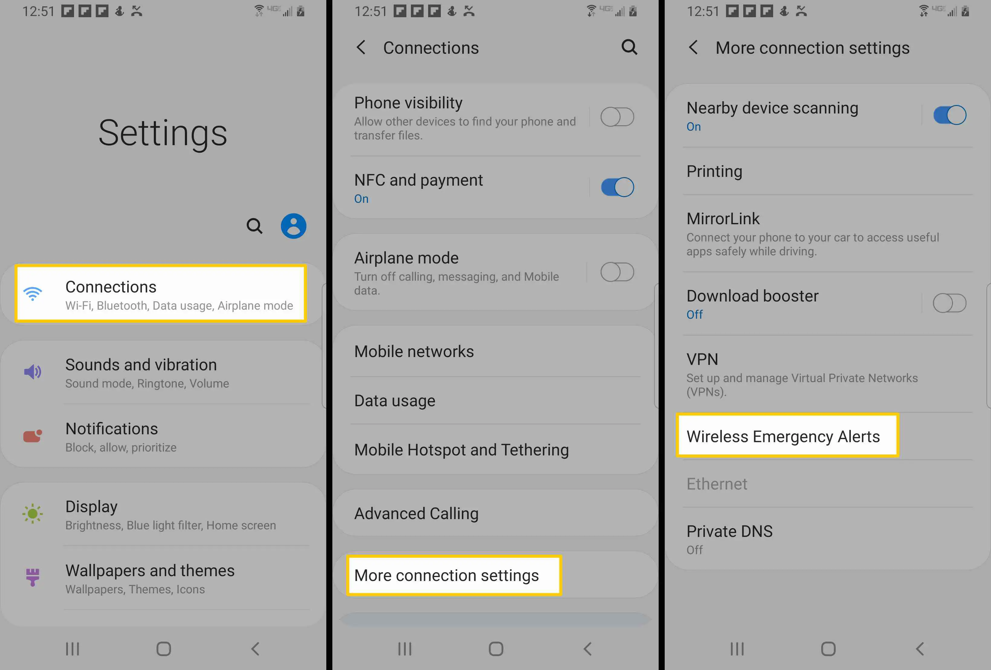 Capturas de tela mostrando a localização dos alertas de emergência sem fio no Galaxy S9 e S10.