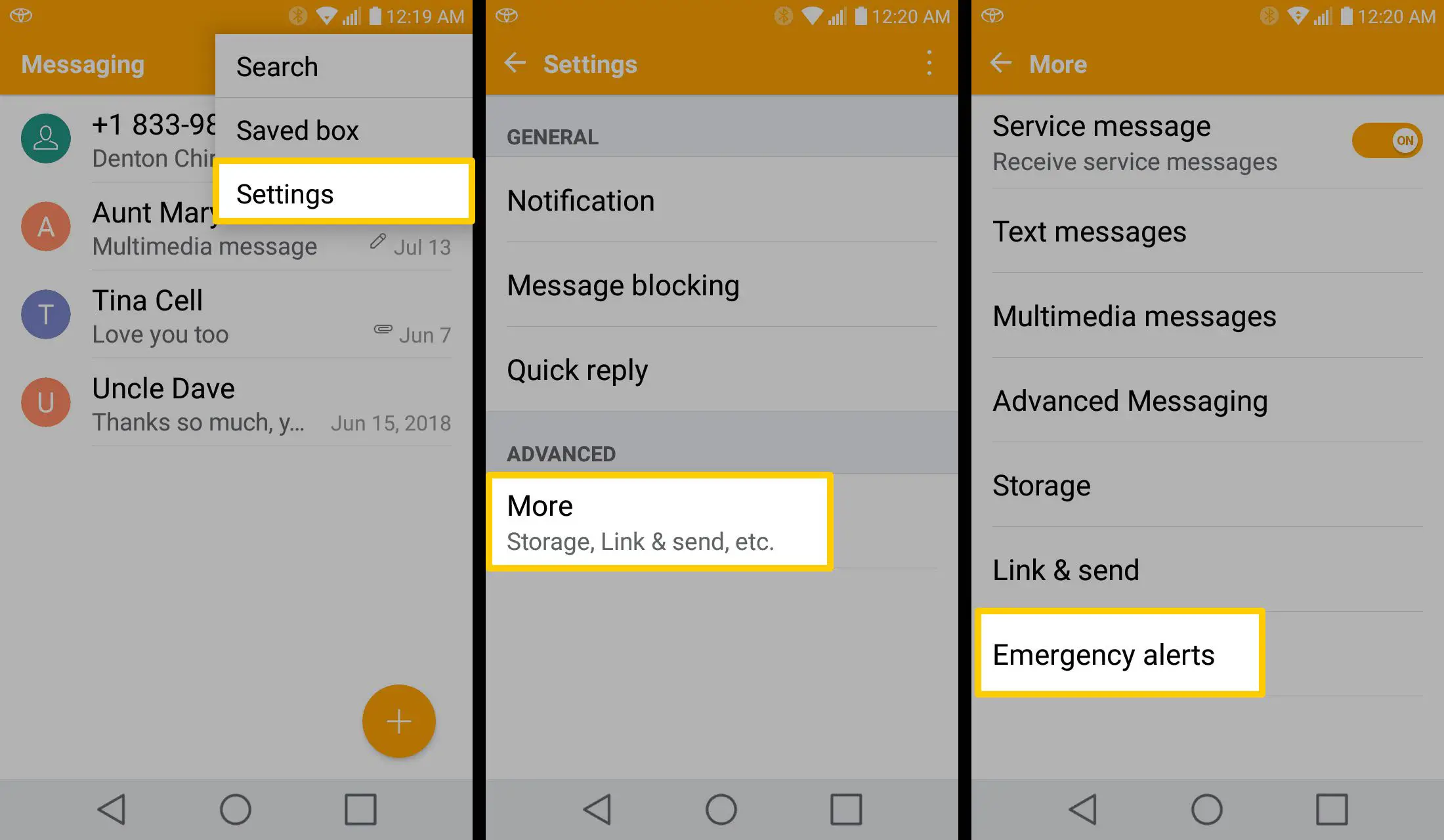 As capturas de tela mostram como acessar as notificações de alerta âmbar em modelos de dispositivos Android mais antigos.