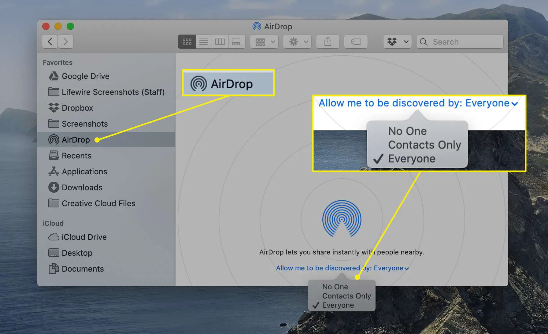 AirDrop, permita que eu seja descoberto por: Todos no macOS