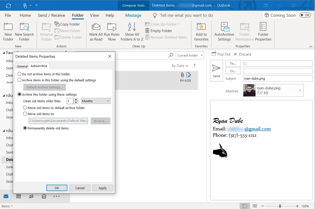 Captura de tela da configuração de exclusão permanente de itens antigos no Outlook