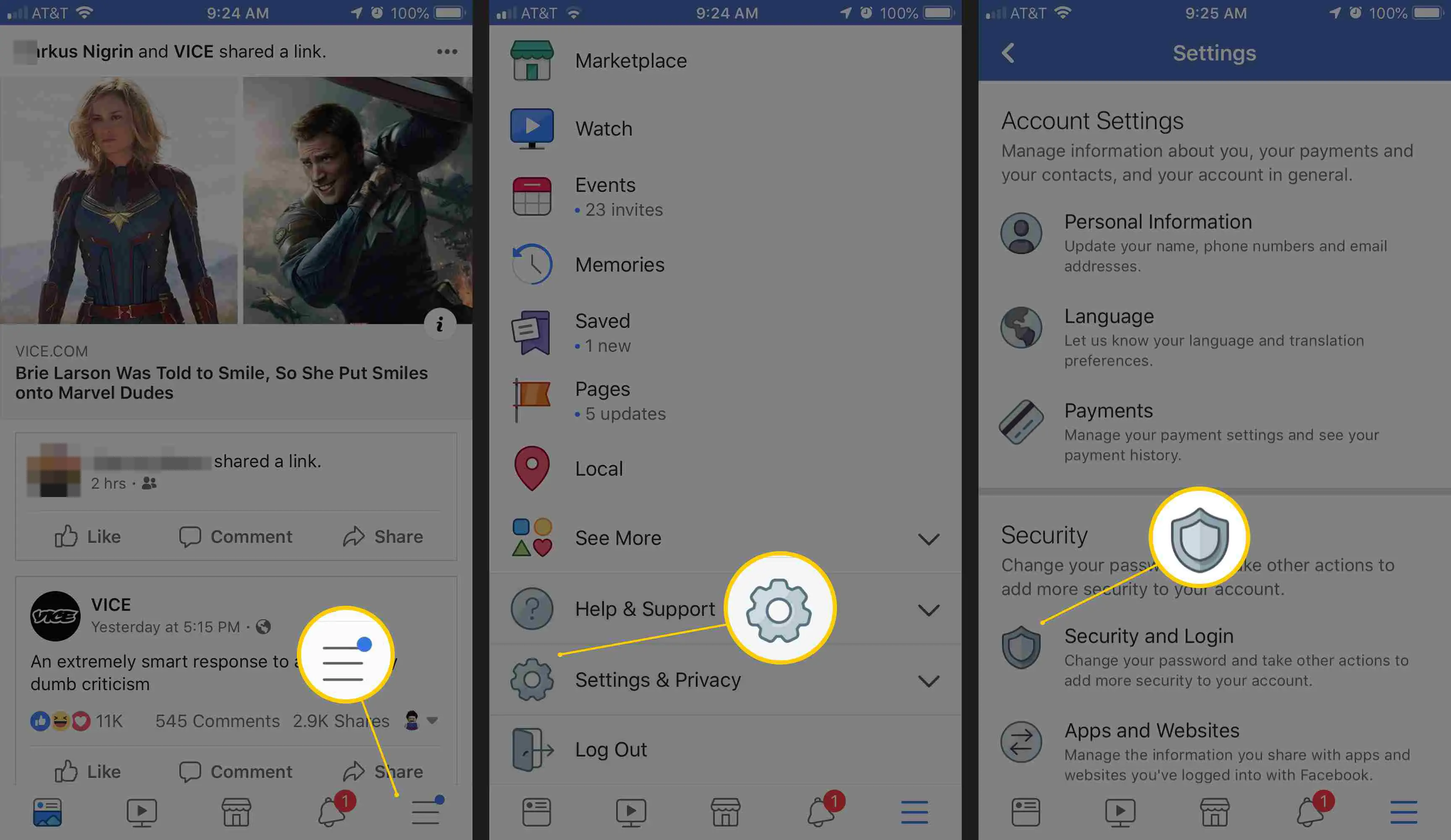 Três telas do iOS mostrando o manual do aplicativo do Facebook, Configurações e privacidade, e Segurança e login