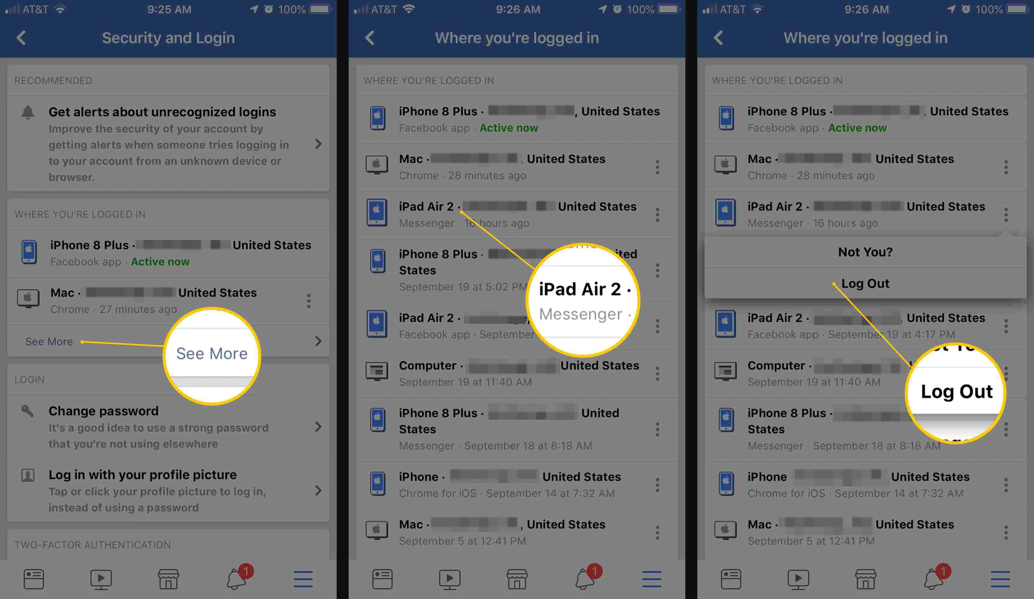 Três telas do iOS do aplicativo do Facebook exibindo os botões Ver mais, iPad Air 2 e Sair