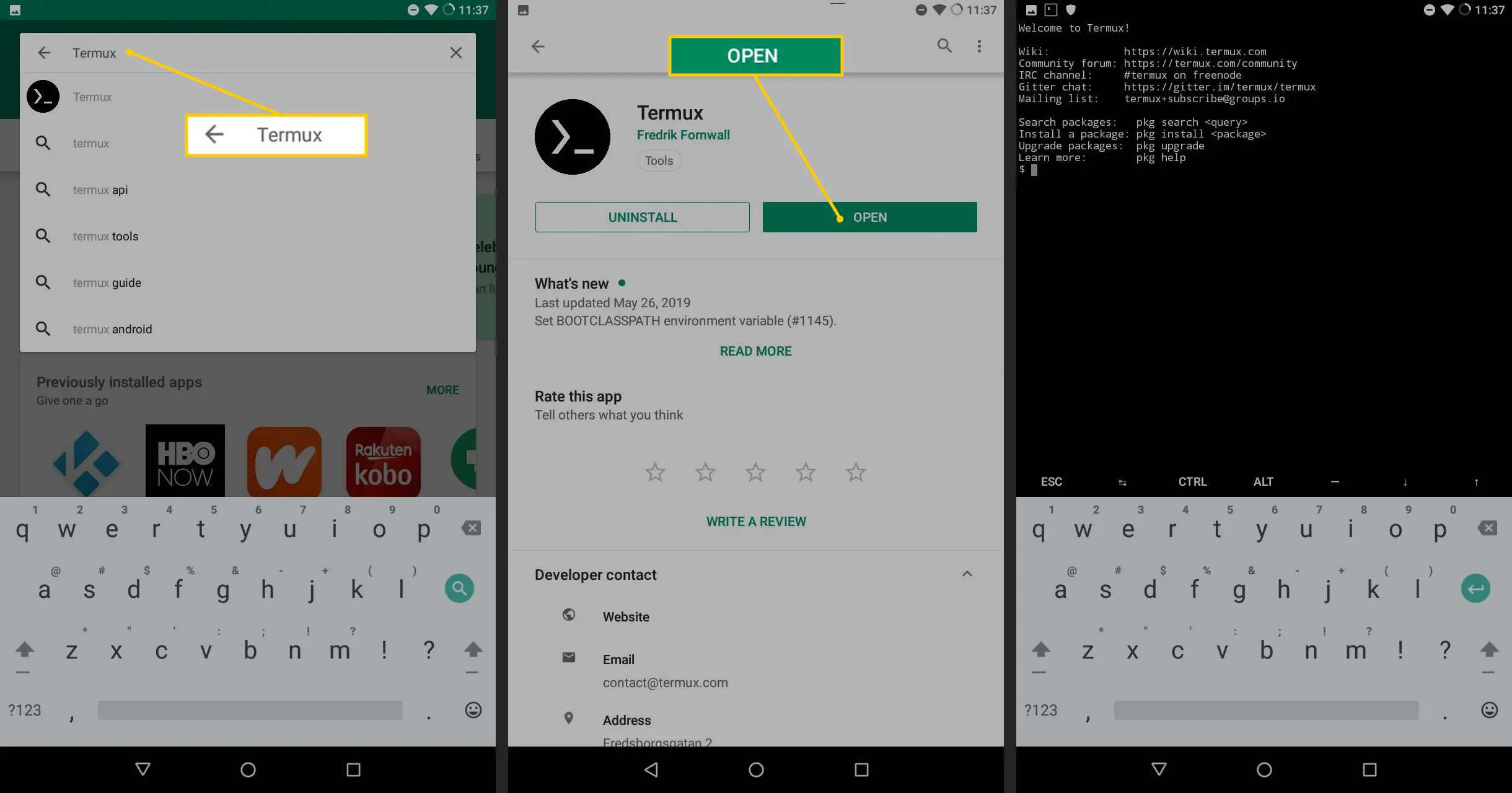 Campo de pesquisa Termux, botão Abrir, aplicativo Termux em execução no Android