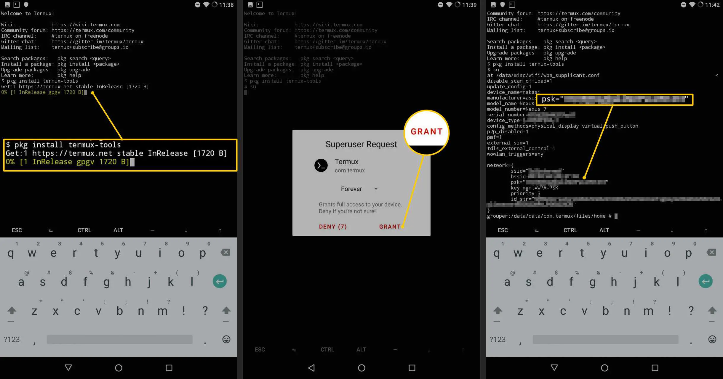 Comando de instalação do pkg, botão Conceder permissões, resultado do psk no Android