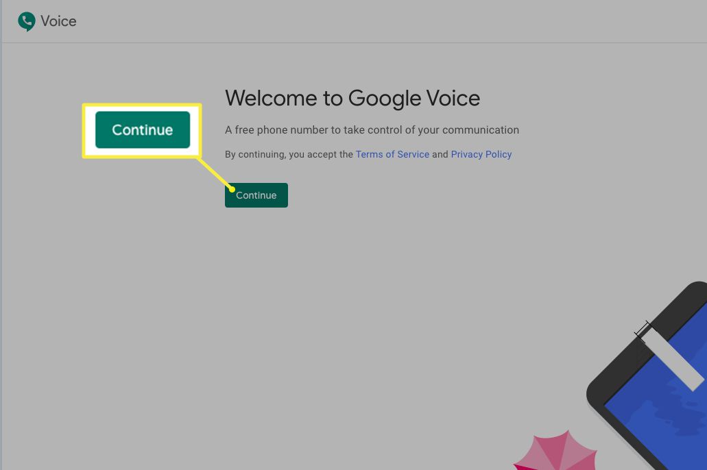 Página de boas-vindas do Google Voice com o botão Continuar destacado
