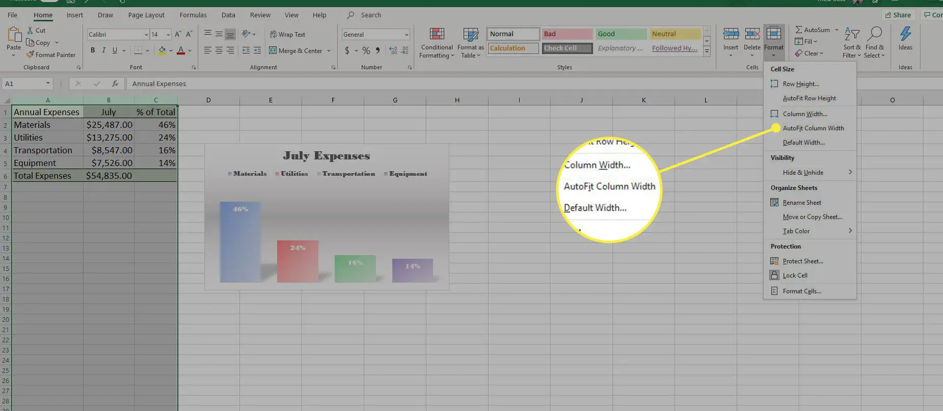A configuração de menu AutoAjuste da largura da coluna no Excel.