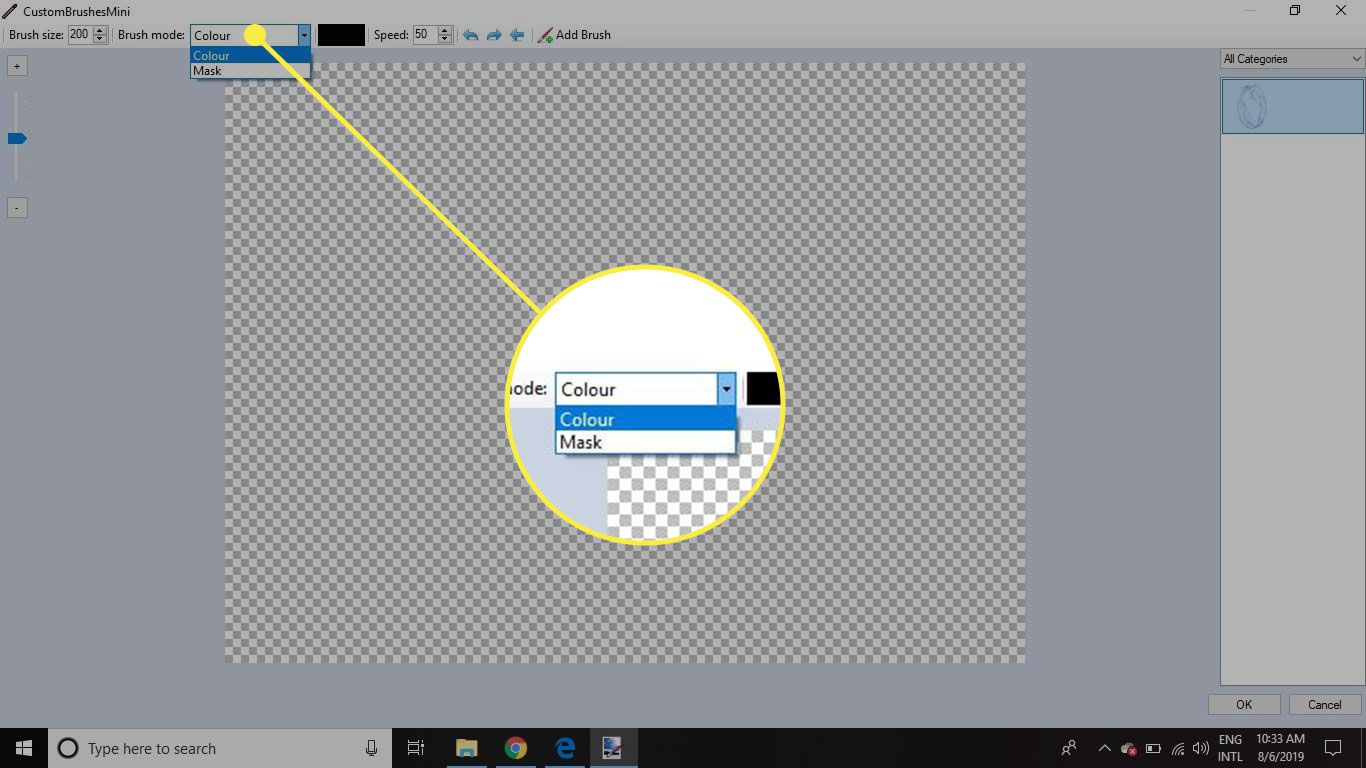 Uma captura de tela do Paint.NET com as opções do Modo Pincel destacadas