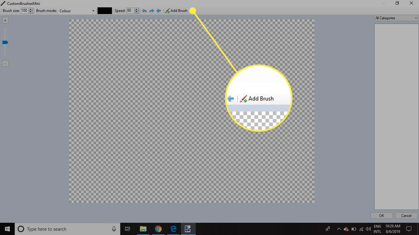 Uma captura de tela da tela CustomBrushMini no Paint.NET com o botão Adicionar pincel destacado