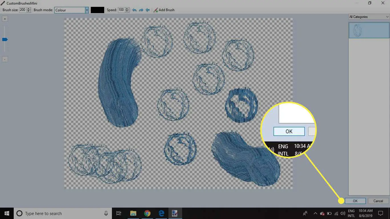 Uma captura de tela da tela de pincel personalizado do Paint.NET com o botão OK destacado
