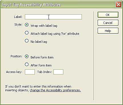 Janela de opções para os atributos de acessibilidade da tag de entrada