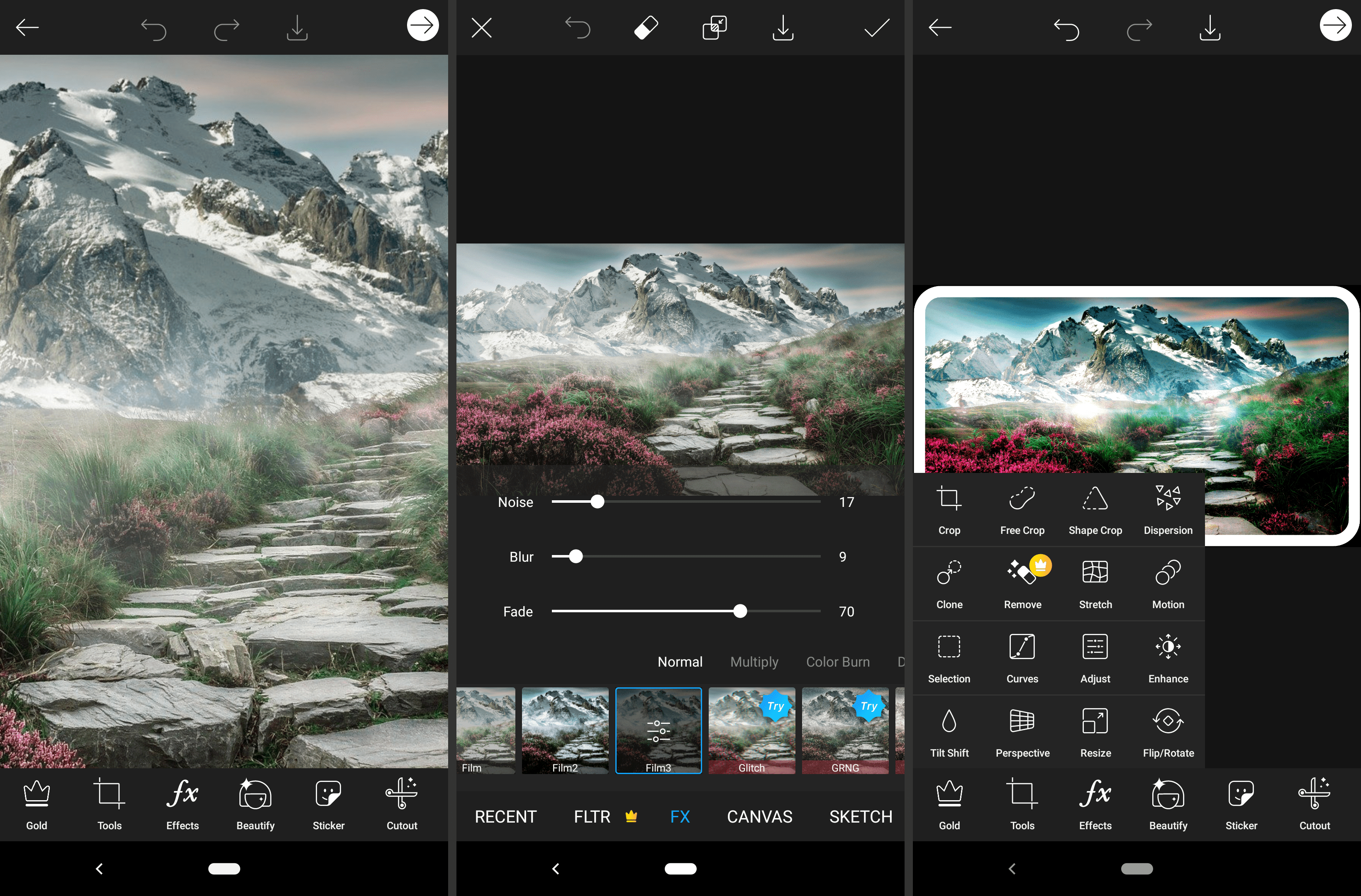 Capturas de tela do aplicativo editor de imagens Picsart Android
