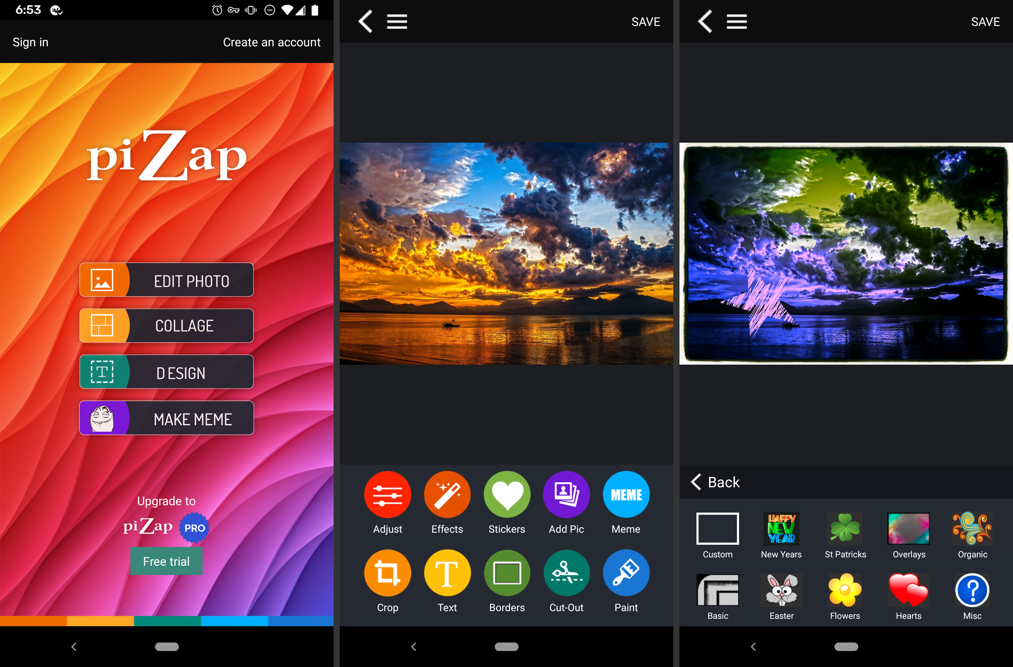 Capturas de tela do aplicativo editor de imagens gratuito PiZap no Android