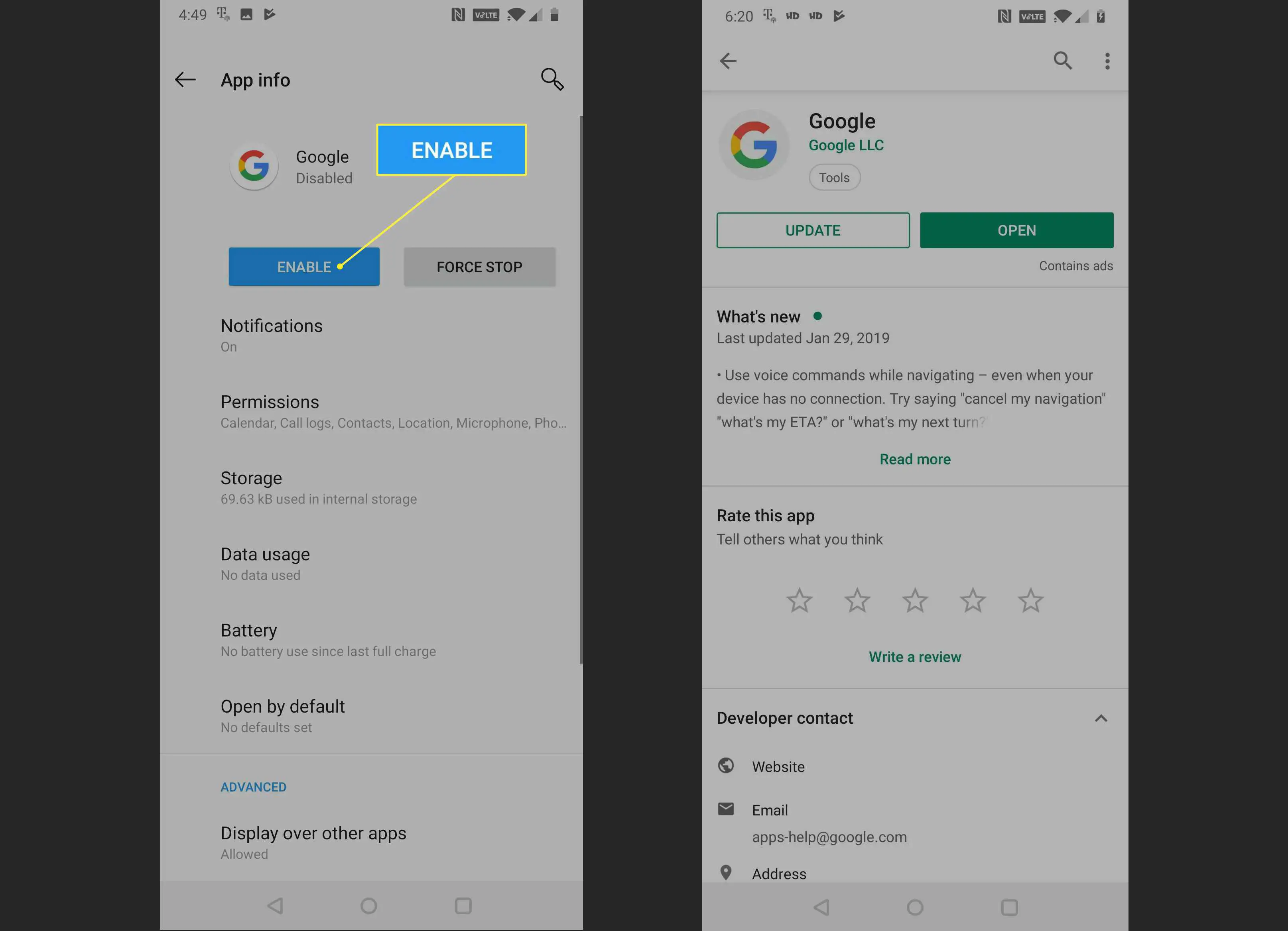 Opção de habilitação do aplicativo Google e Google App na Google Play Store
