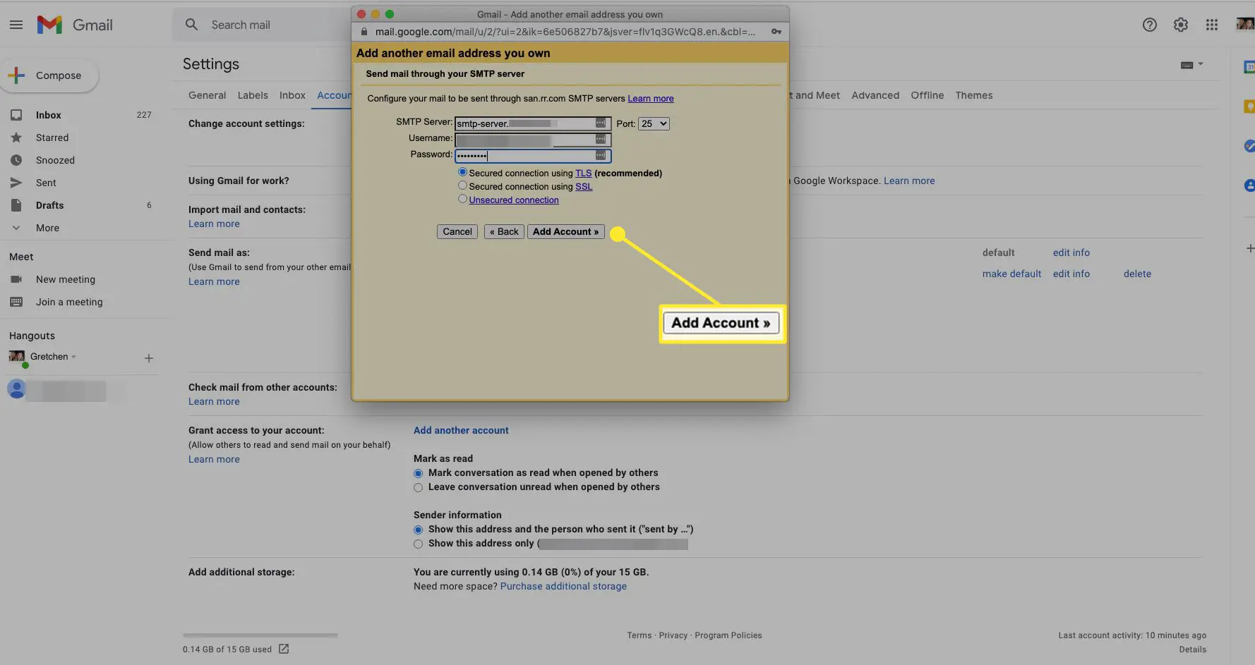 Assistente para adicionar conta do Gmail com "Adicionar conta" destacado