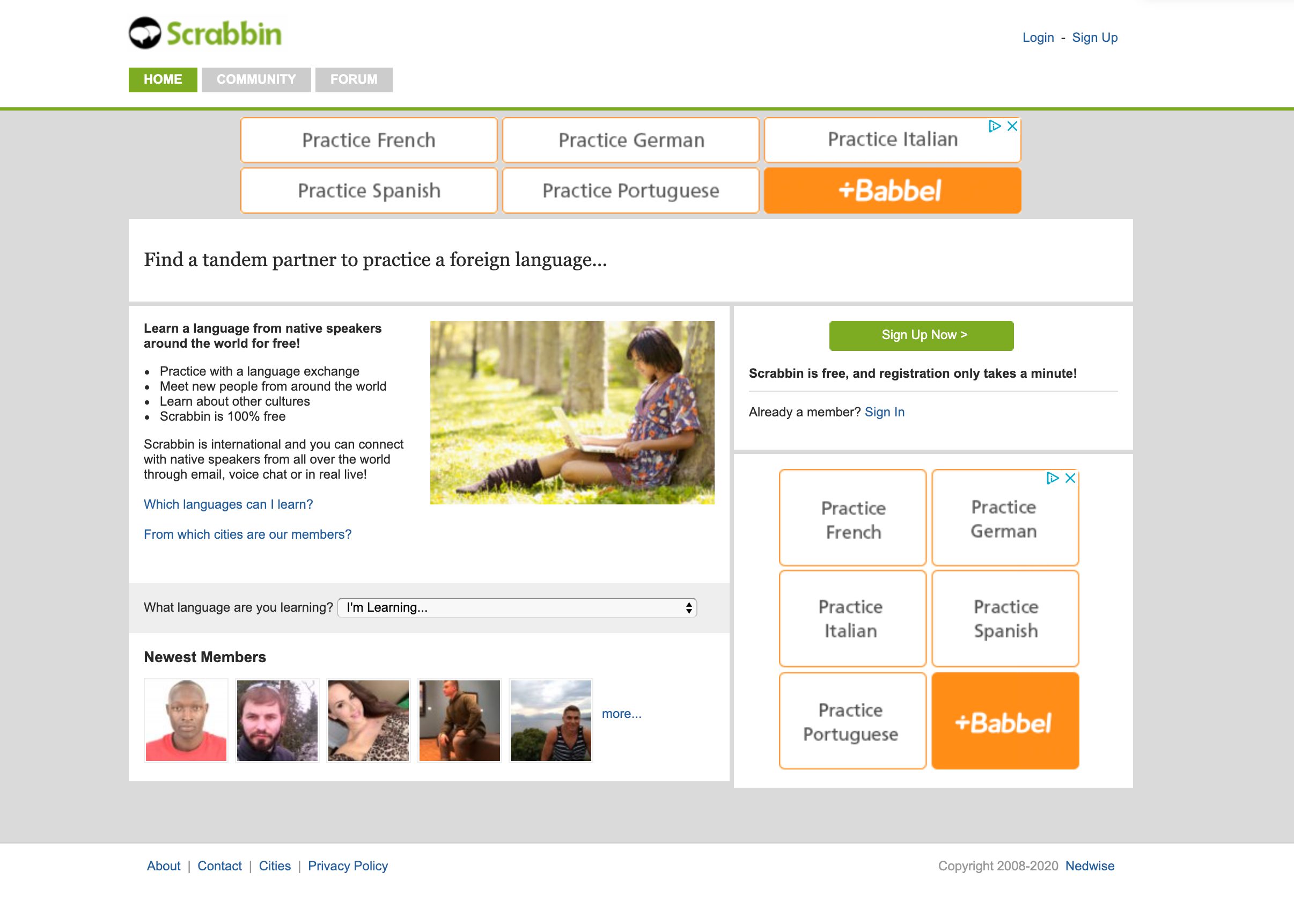 Captura de tela do site Scrabbin para aprender idiomas.