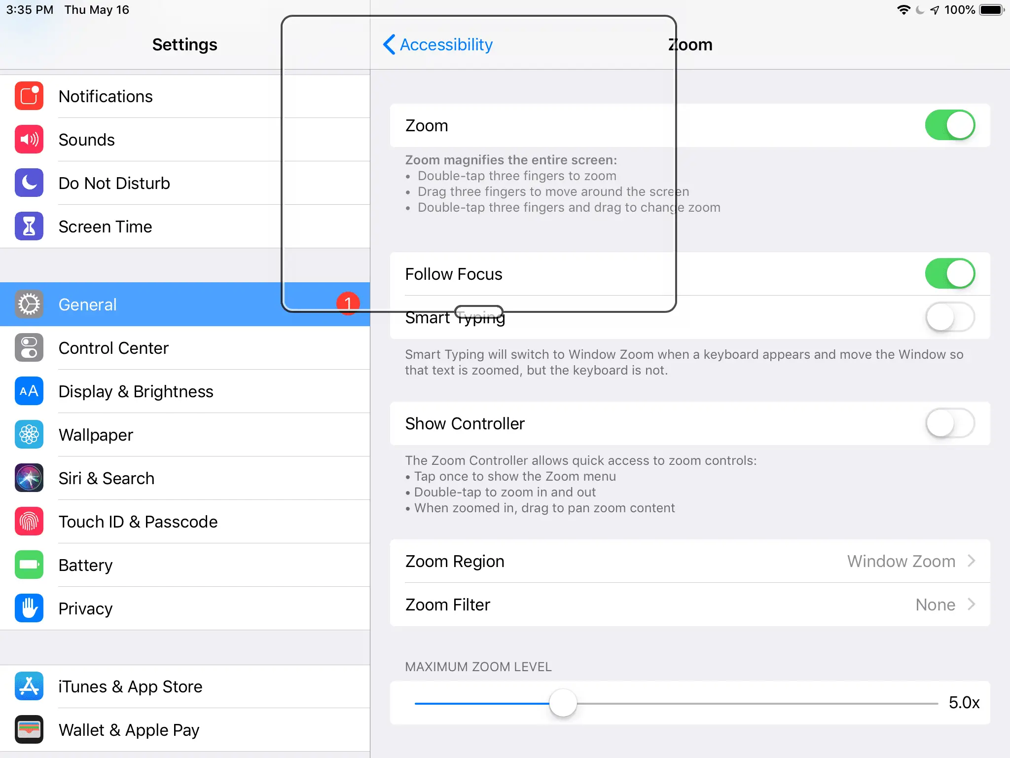Configuração de zoom do iPad