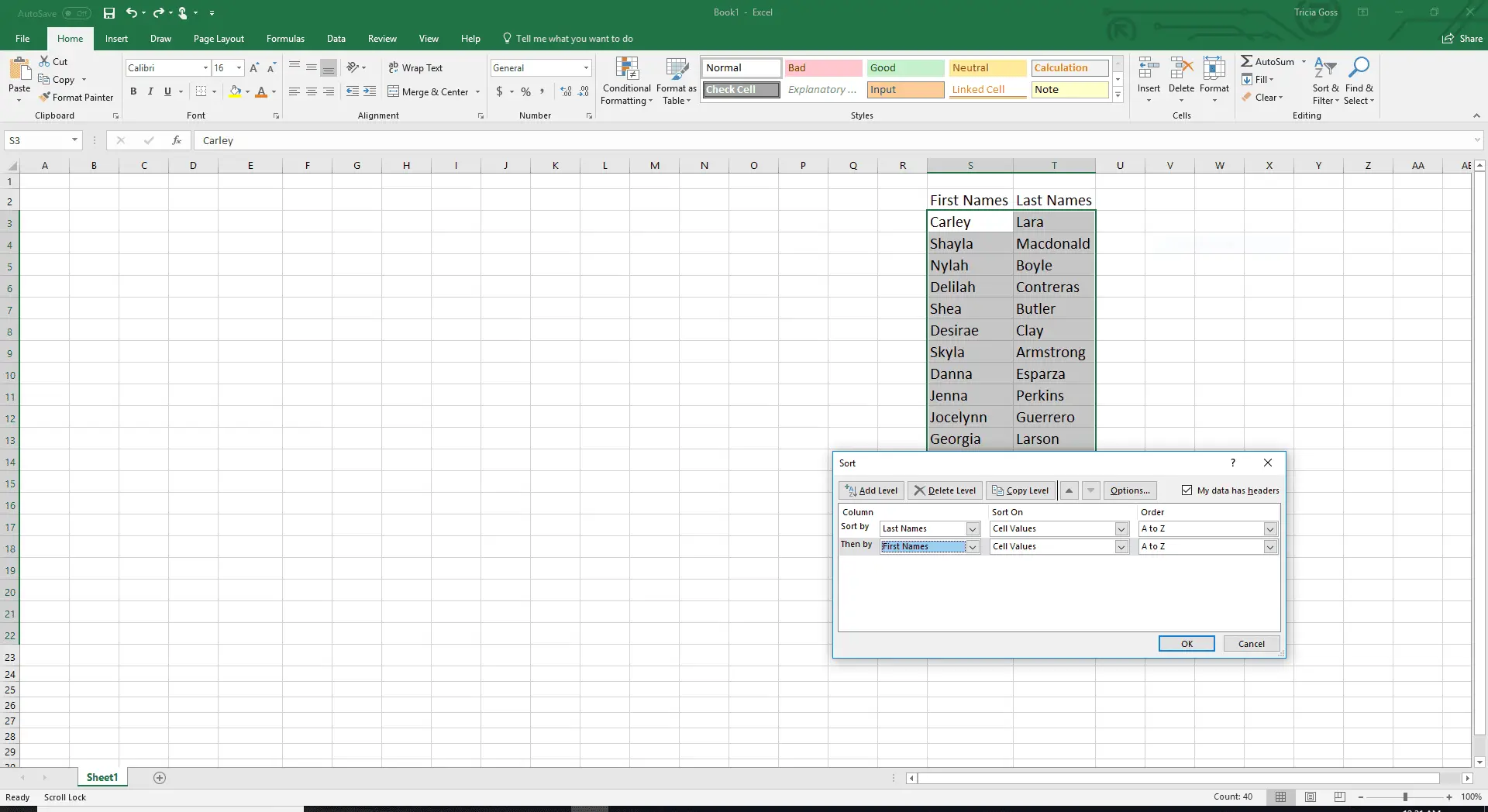 Caixa de classificação avançada no Excel.