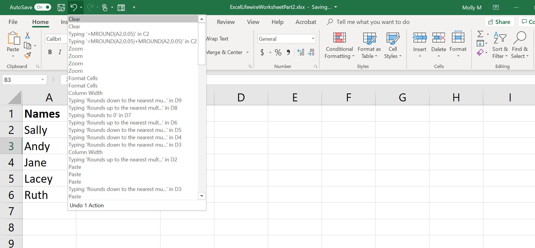 Uma captura de tela do botão Desfazer do Excel com um menu suspenso mostrando todas as ações que podem ser desfeitas.