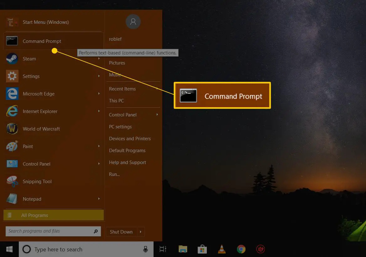 Prompt de comando no menu Iniciar do Windows 10