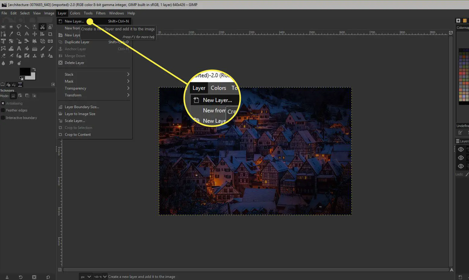 Uma captura de tela do GIMP com o comando New Layer destacado