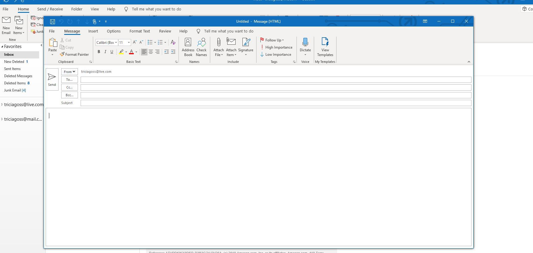 Captura de tela do cursor em uma nova mensagem de e-mail