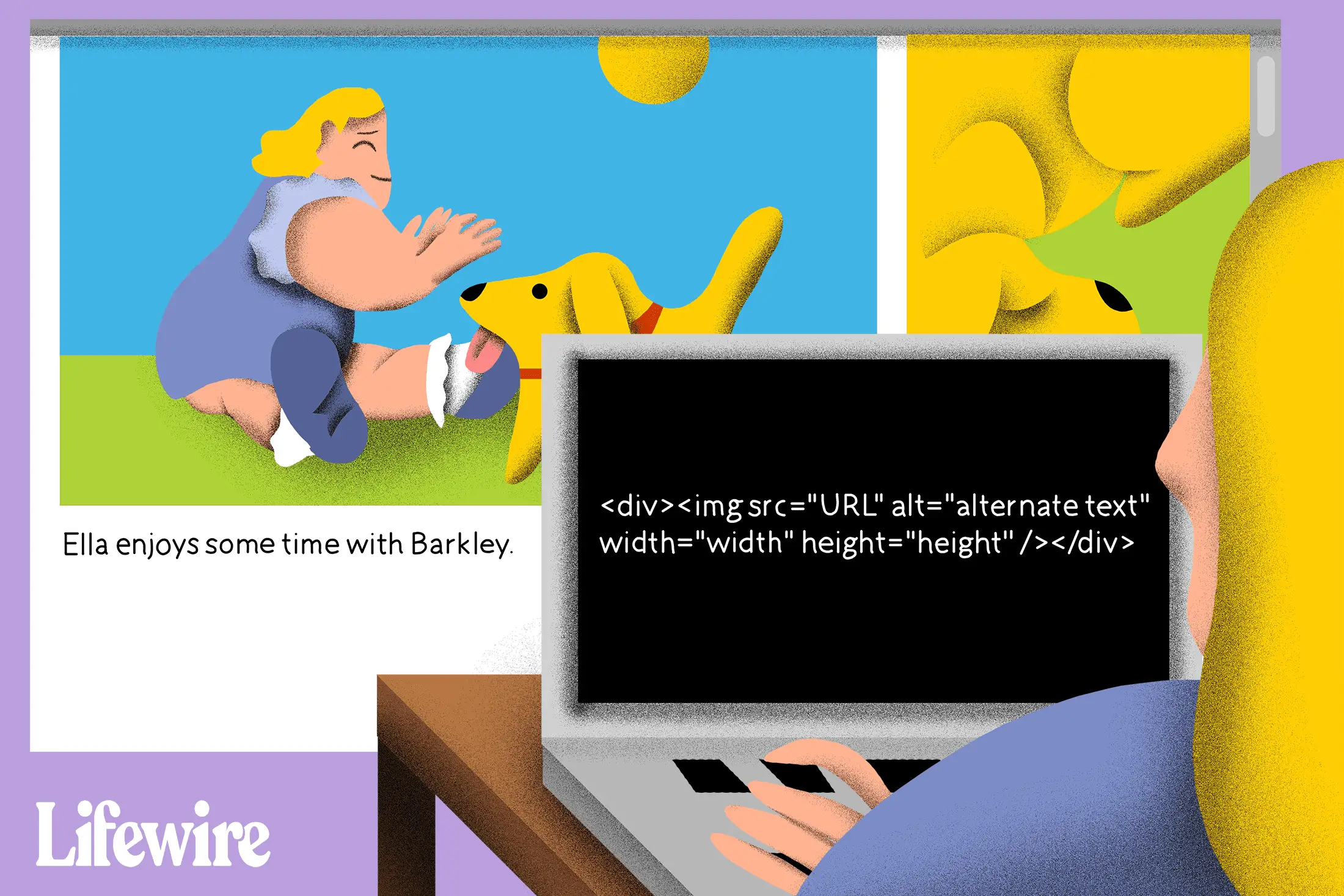 Ilustração de uma pessoa digitando o código em um laptop e atualizando a imagem de um site com uma legenda